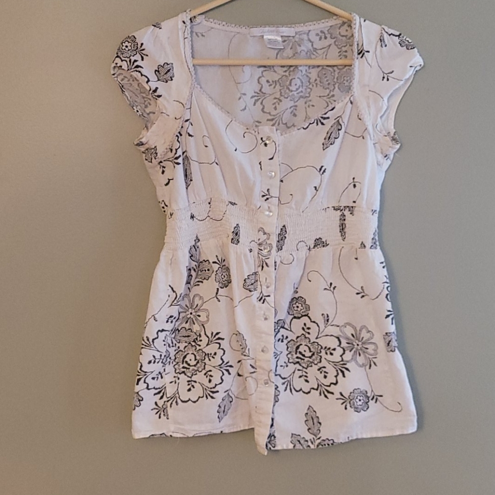 White button up shirt with black flowers